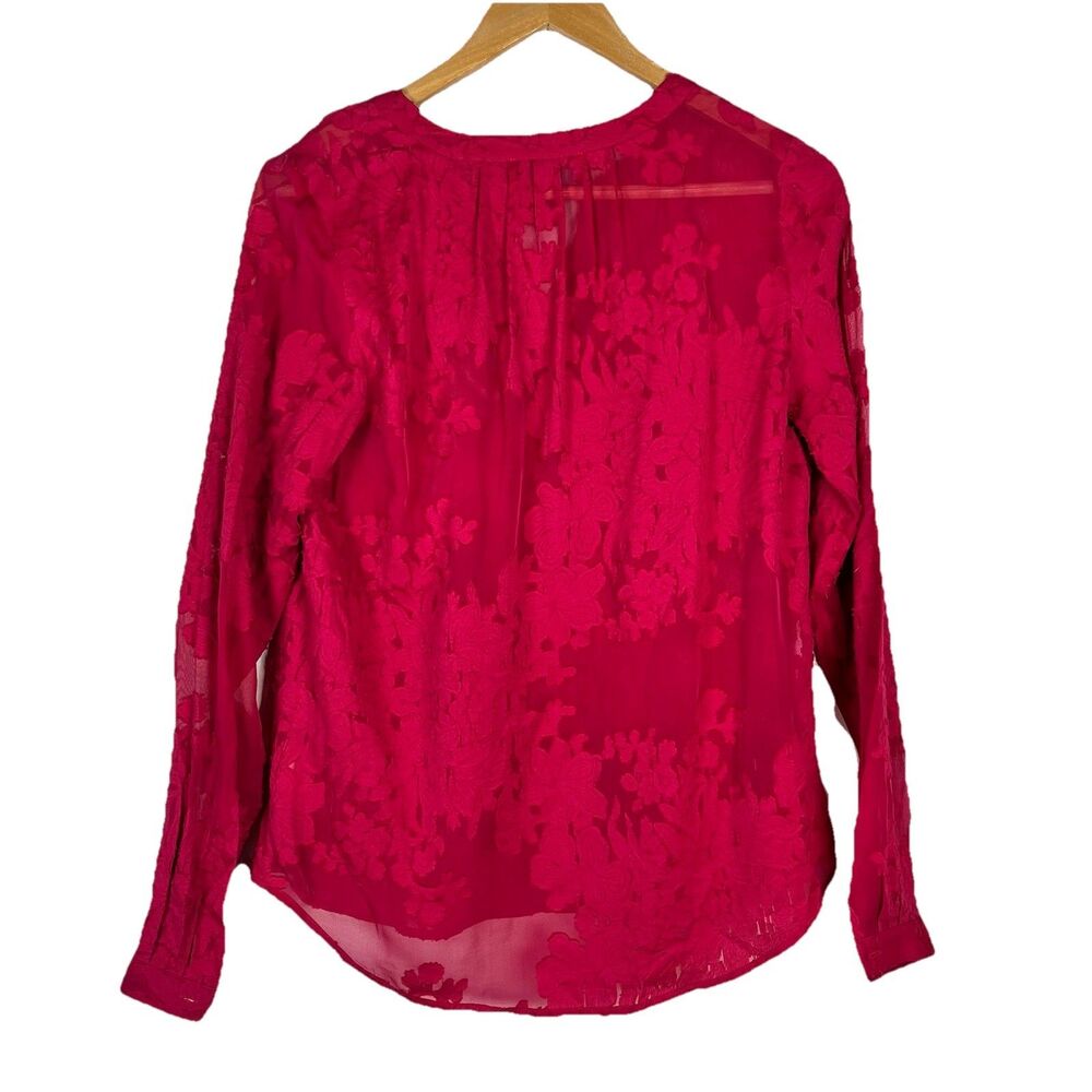 Cynthia Rowley Sheer Floral Burnout Blouse XS Berry Red Silk Blend Long Sleeve - Picture 4 of 13